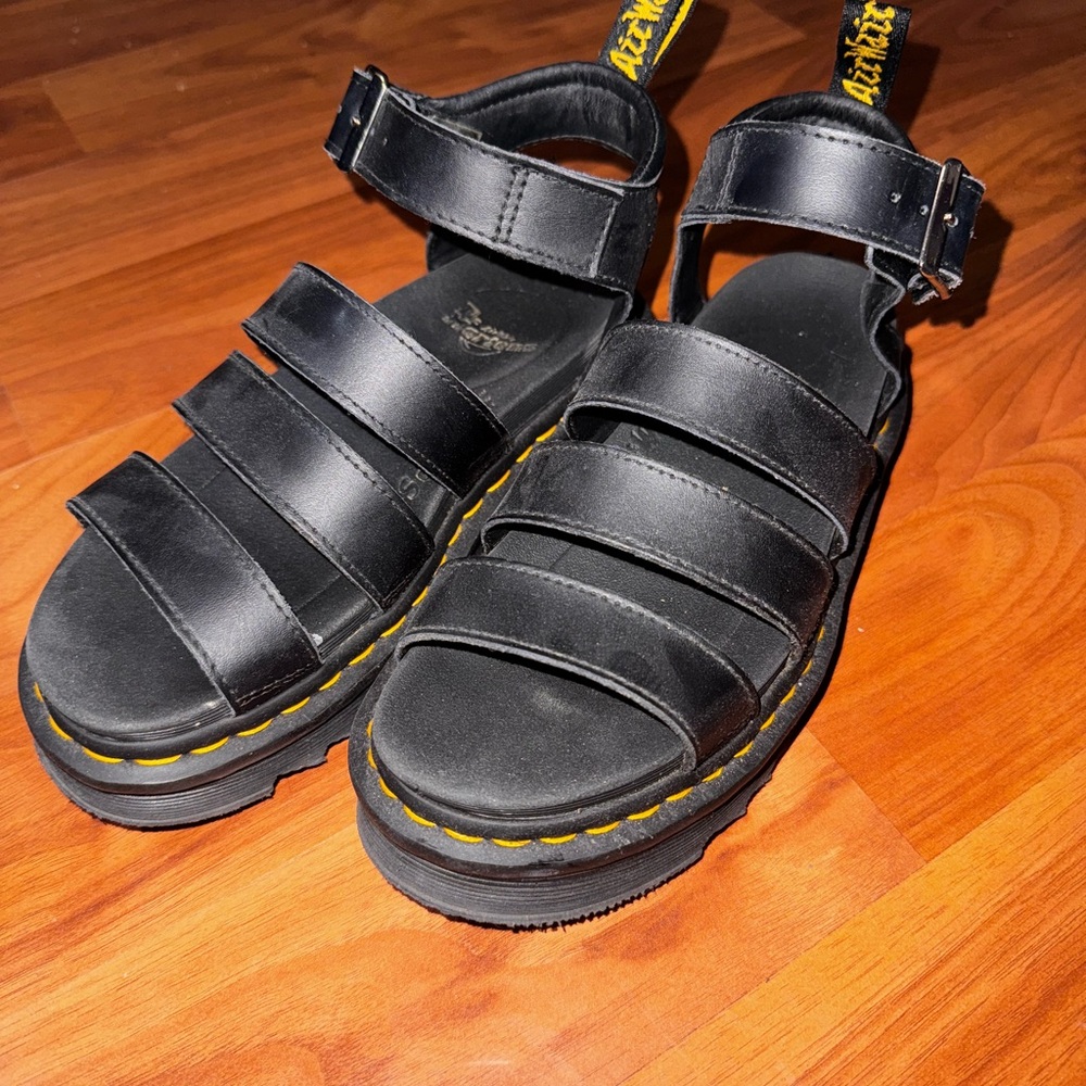 Black Leather Sandals with Yellow Stitching